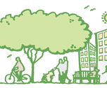 Tree flats people walking and cycling